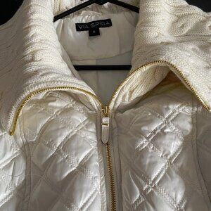 NEW Via Spiga IVORY Small  Diamond Quilt Zip Rib Knit Collar Walker Jacket Coat